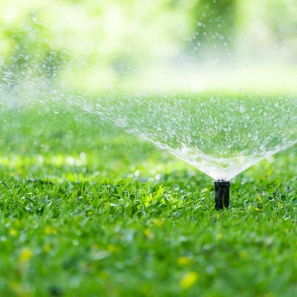 Photo: an automatic sprinkler irrigating grass